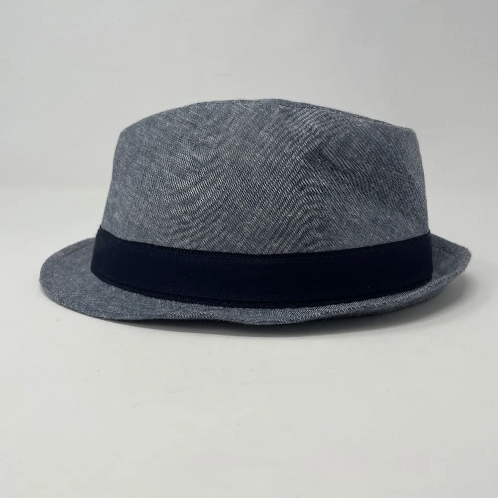 Banana Republic Men Blue Cotton Linen Fedora Hat L/XL Gingham Lining Dapper Sun